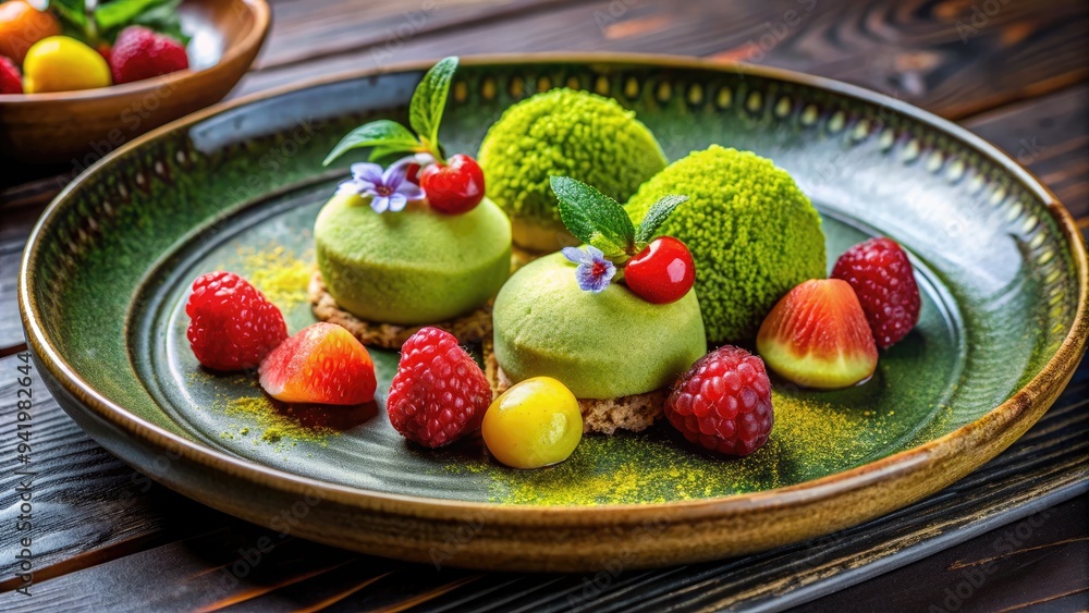 Vibrant green matcha powder dusts a delicate Japanese-style dessert, accompanied by fresh fruit and crispy wagashi cookies on a elegant ceramic plate. Vibrant green matcha powder dusts a delicate Japanese-style dessert, accompanied by fresh fruit and crispy wagashi cookies on a elegant ceramic plate.
