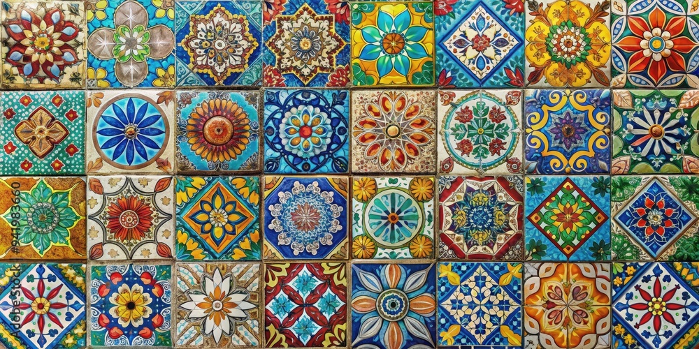 Vibrant Mosaic Concrete Tiles: Colorful small tiles, intricate designs, artistic, bohemian Vibrant Mosaic Concrete Tiles: Colorful small tiles, intricate designs, artistic, bohemian