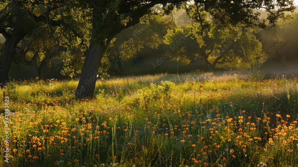 Fototapeta premium Sunlit Meadow with Oak Trees
