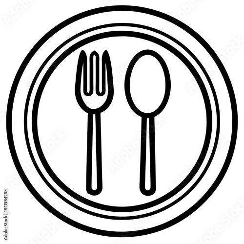 Outline Vector art of Plate with Fork Spoon Symbol