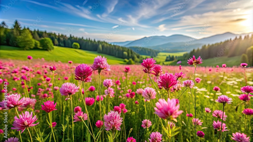 Vibrant pink wildflowers bloom abundantly in a lush meadow, swaying gently in the breeze amidst soft green grass and a serene natural landscape background. Vibrant pink wildflowers bloom abundantly in a lush meadow, swaying gently in the breeze amidst soft green grass and a serene natural landscape background.