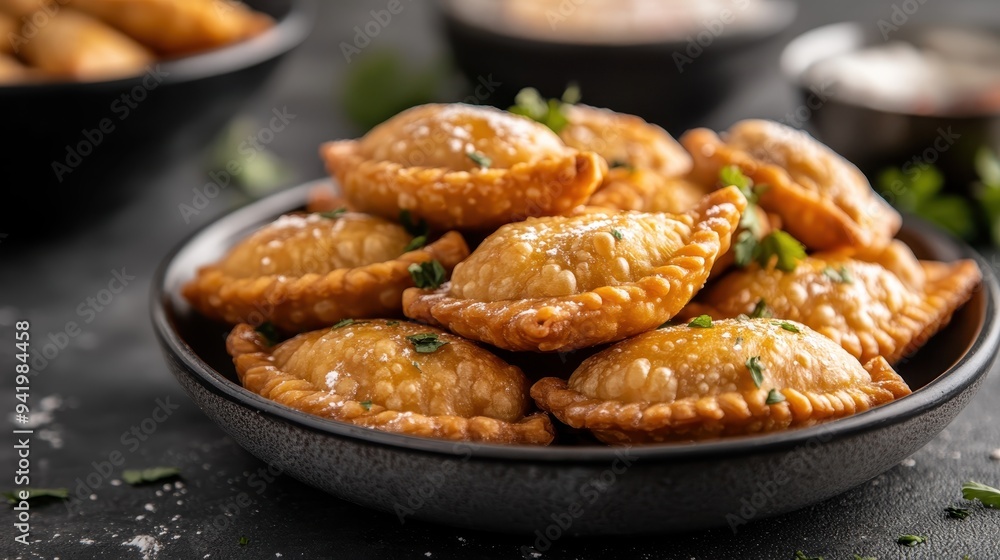 A plateful of golden brown, perfectly fried empanadas is artfully garnished with fresh herbs and presented on a dark rustic table, ready to be enjoyed. A plateful of golden brown, perfectly fried empanadas is artfully garnished with fresh herbs and presented on a dark rustic table, ready to be enjoyed.
