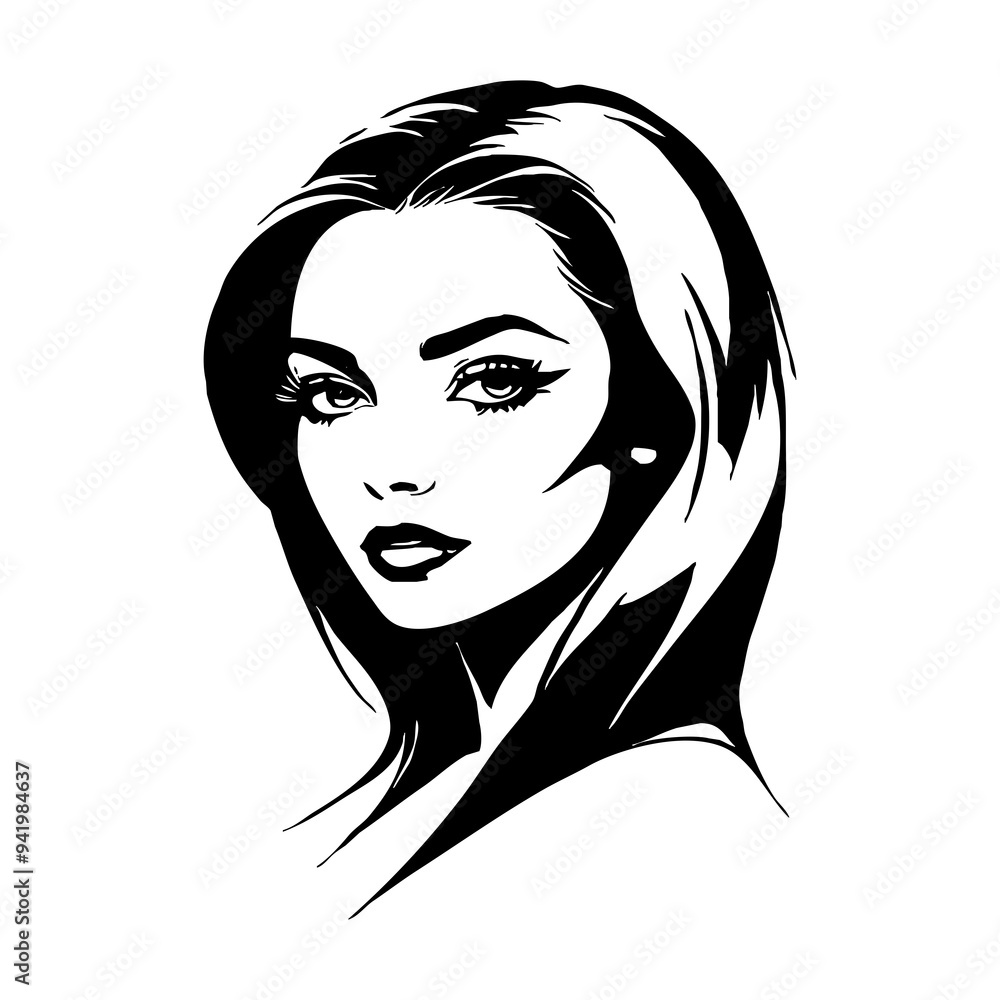 Fictional female character. Black and white line art. Logo design for use in graphics. T-shirt print, tattoo design. Fictional female character. Black and white line art. Logo design for use in graphics. T-shirt print, tattoo design.