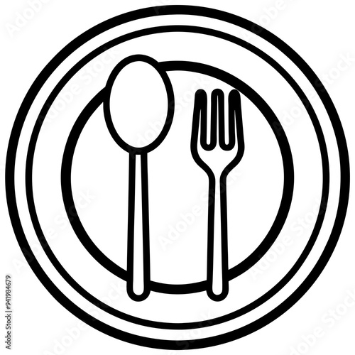 Outline Vector art of Plate with Fork Spoon Symbol