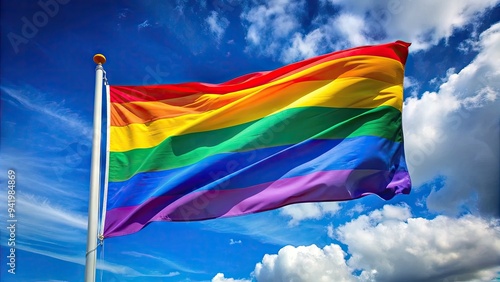 Vibrant rainbow-colored flag with six stripes, waving freely in the wind, symbolizing unity, diversity, and LGBTQ+ pride, against a bright blue sky background. photo