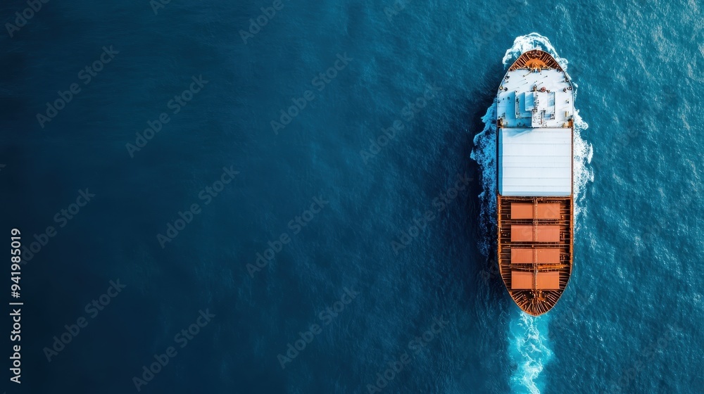 This top-down photograph depicts a red industrial cargo ship moving smoothly at sea, emphasizing the scale and importance of global maritime trade and logistics. This top-down photograph depicts a red industrial cargo ship moving smoothly at sea, emphasizing the scale and importance of global maritime trade and logistics.