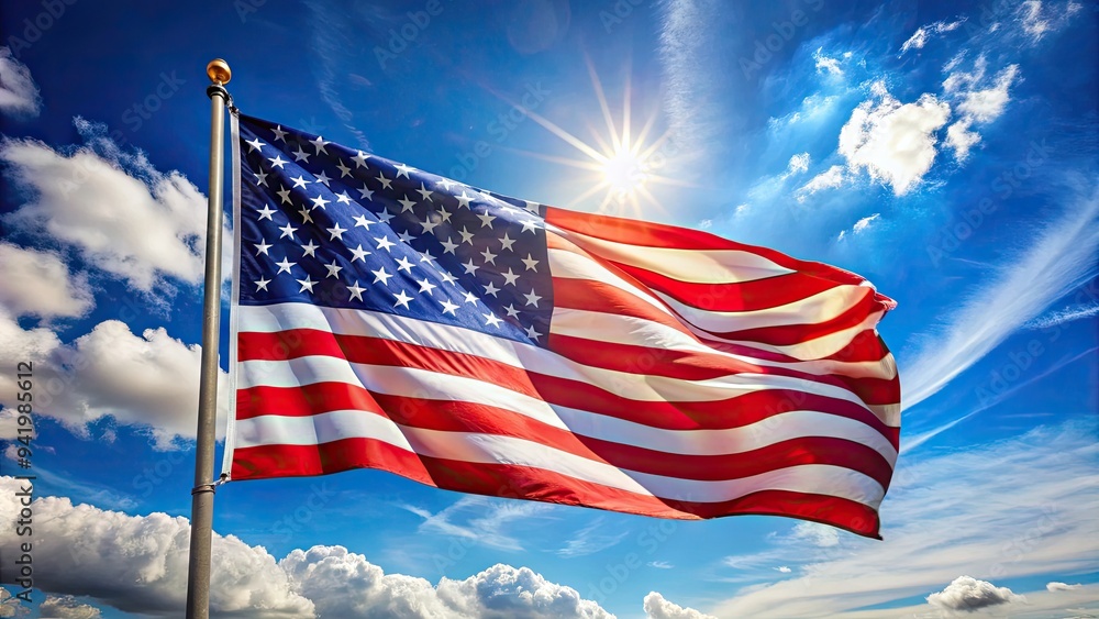 Vibrant Stars and Stripes waving in the wind against a bright blue sky, symbolizing freedom and patriotism on a sunny American summer day. Vibrant Stars and Stripes waving in the wind against a bright blue sky, symbolizing freedom and patriotism on a sunny American summer day.