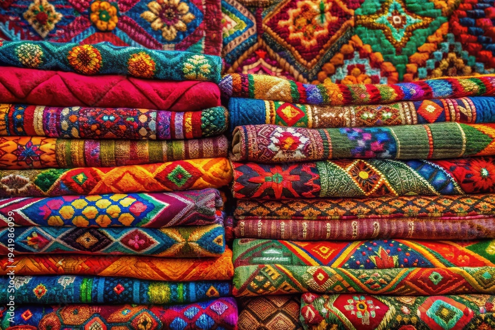 Vibrant Tapestry: Bold hues, intricate patterns, textured folds, stacked placement, abstract artistry. Vibrant Tapestry: Bold hues, intricate patterns, textured folds, stacked placement, abstract artistry.