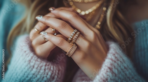 hands of a woman wearing necklaces, bracelets, and rings close up. contemporary add-ons. elegant way of living