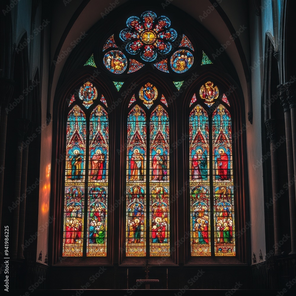 Ornate Stained Glass Windows in a Gothic Cathedral with Religious Scenes
Ornate Stained Glass Windows in a Gothic Cathedral with Religious Scenes
