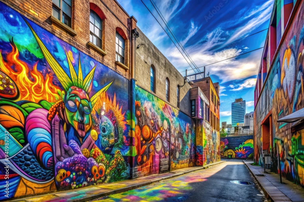 Fototapeta premium Vibrant Urban Graffiti Explosion: City walls adorned with vibrant graffiti, bold colors, street art aesthetic, energetic vibe