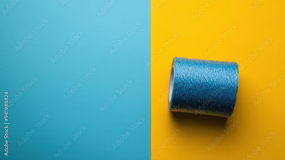 A contemporary image featuring a blue spool of thread against a vibrant backdrop split into yellow and blue sections, contrasting colors for a modern, creative look. A contemporary image featuring a blue spool of thread against a vibrant backdrop split into yellow and blue sections, contrasting colors for a modern, creative look.