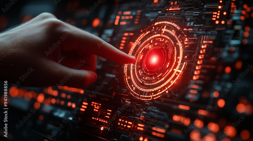 A hacker’s hand hovering over a red alert icon on a digital interface. A hacker’s hand hovering over a red alert icon on a digital interface.