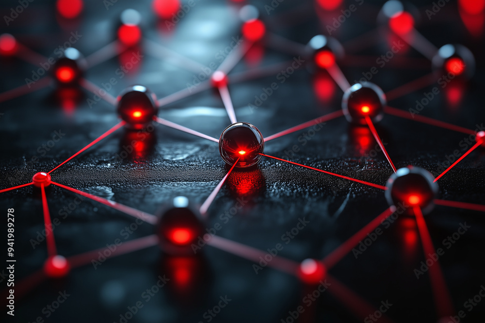 A network diagram with red nodes showing points of compromise. A network diagram with red nodes showing points of compromise.