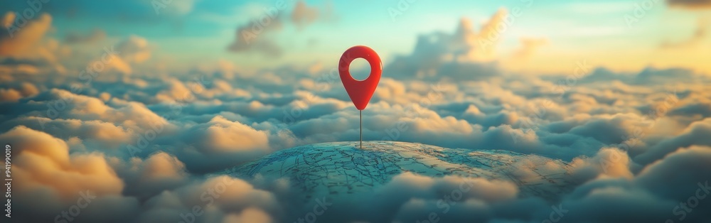 Pink 3D Location Pin Floating Among Fluffy White Clouds Pink 3D Location Pin Floating Among Fluffy White Clouds
