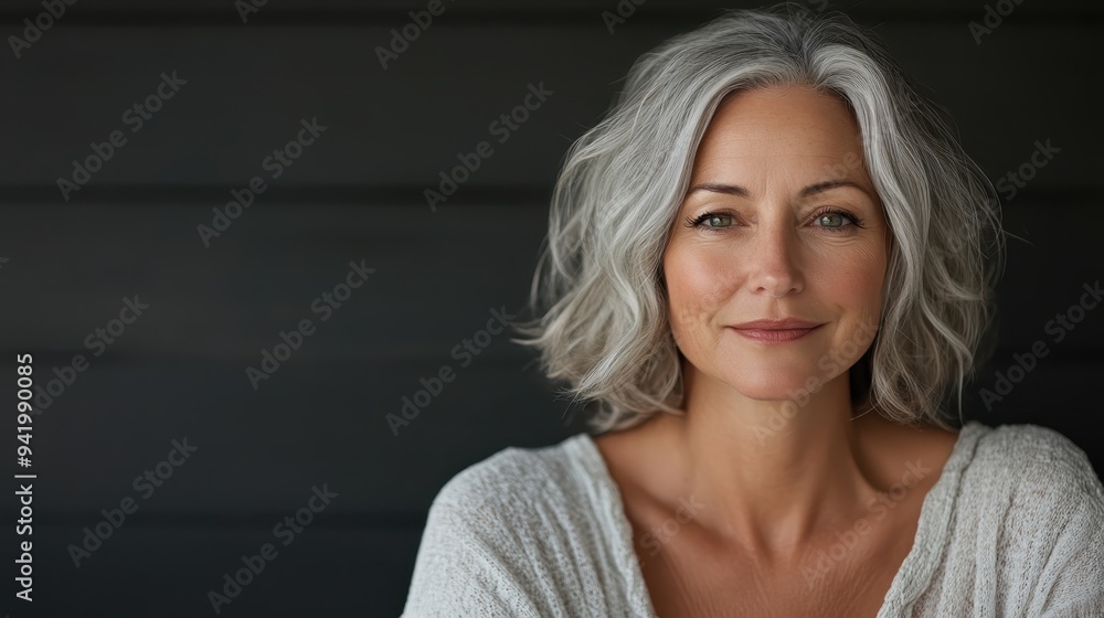 A confident middle-aged woman with grey hair smiles directly at the camera. Her warm and inviting expression is enhanced by the soft, neutral background. A confident middle-aged woman with grey hair smiles directly at the camera. Her warm and inviting expression is enhanced by the soft, neutral background.
