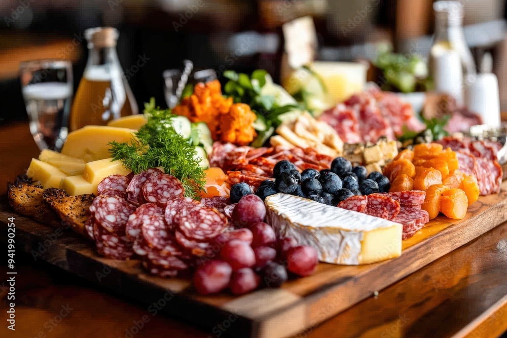 A delightful charcuterie board featuring a variety of sliced meats, cheeses, fresh fruits, nuts, and garnishes, elegantly arranged on a wooden board for a gourmet dining experience. A delightful charcuterie board featuring a variety of sliced meats, cheeses, fresh fruits, nuts, and garnishes, elegantly arranged on a wooden board for a gourmet dining experience.