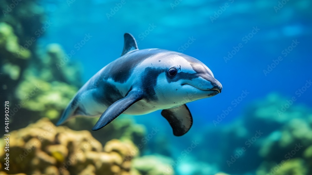 Fototapeta premium Vaquita: Critically Endangered Porpoise, Delicate Features, Rocky Reef Habitat