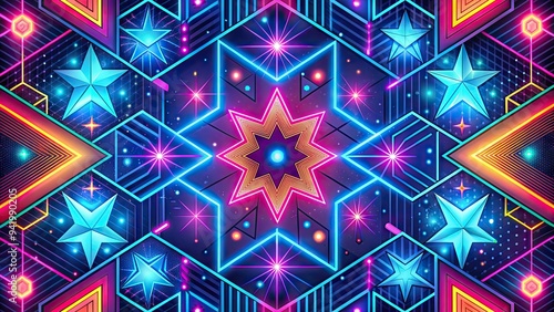 Vintage-inspired illustration of a colorful, geometric pattern featuring futuristic shapes and stars, blending 1950s nostalgia with modern digital elements and a neon glow. photo