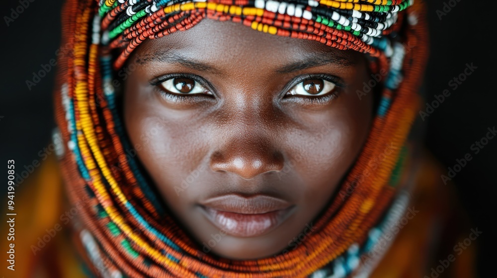 A striking close-up of a woman wearing colorful beaded headwear. Her deep, captivating eyes and expressive features are accentuated by the intricate beadwork around her. A striking close-up of a woman wearing colorful beaded headwear. Her deep, captivating eyes and expressive features are accentuated by the intricate beadwork around her.