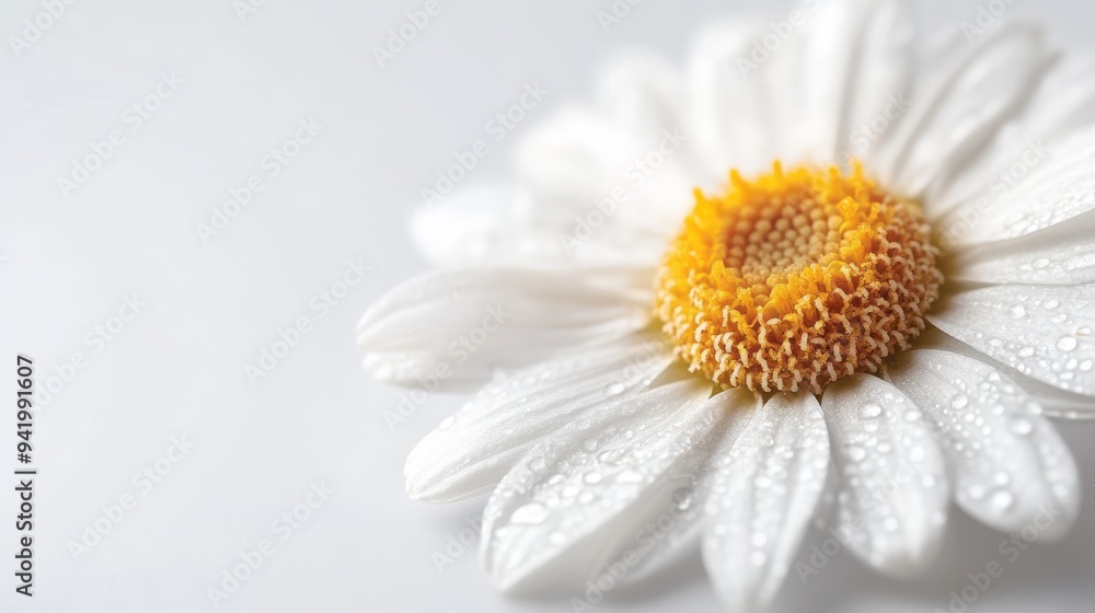 A stunning close-up image of a white daisy flower with a vibrant yellow center, adorned with fresh dew drops, capturing the morning freshness and natural beauty. A stunning close-up image of a white daisy flower with a vibrant yellow center, adorned with fresh dew drops, capturing the morning freshness and natural beauty.