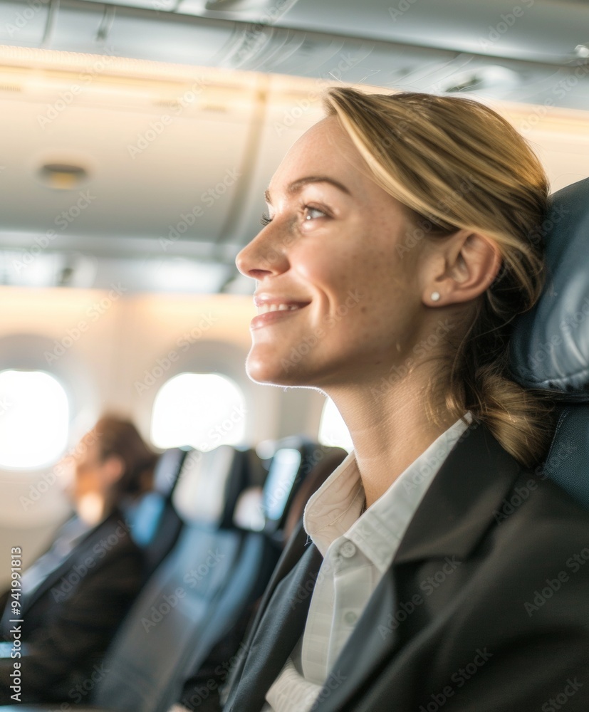 Cheerful Female Flight Attendant Interacting with Passengers During Midday on Modern Airplane Cheerful Female Flight Attendant Interacting with Passengers During Midday on Modern Airplane