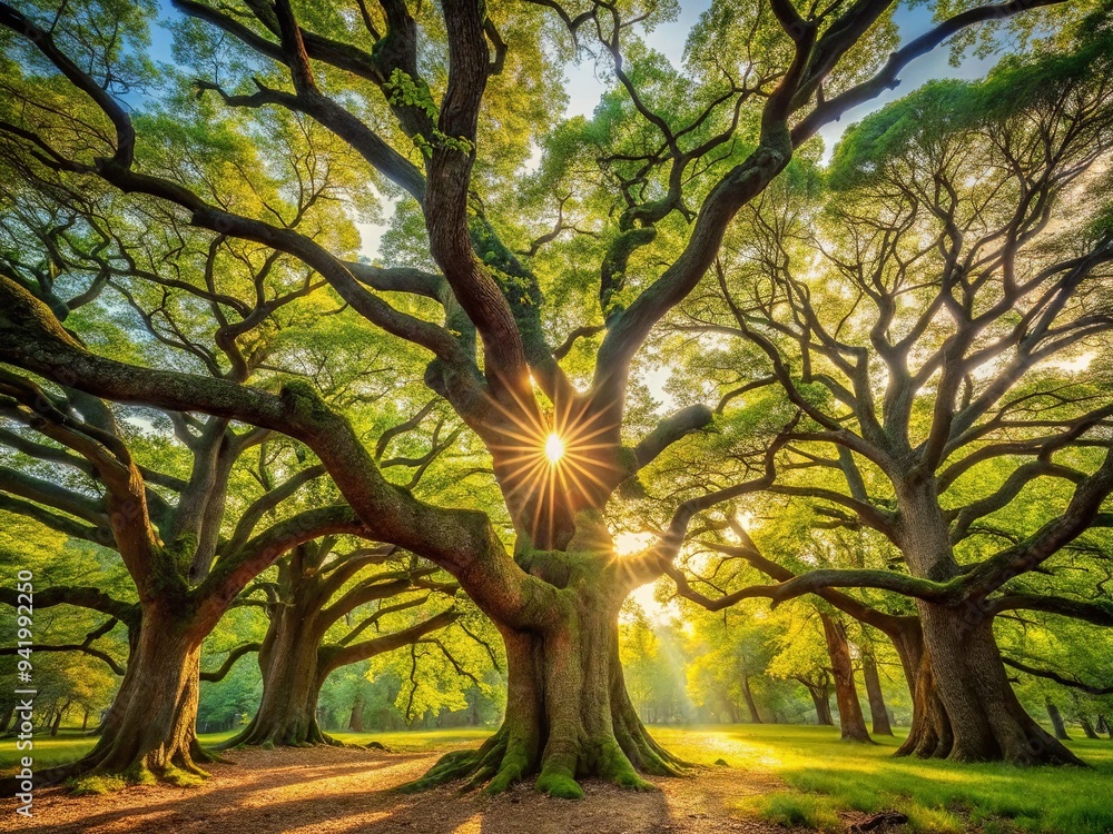 Majestic oak trees stand tall, their gnarled branches stretching towards the sky, in a serene and tranquil forest grove filled with dappled sunlight and lush foliage. Majestic oak trees stand tall, their gnarled branches stretching towards the sky, in a serene and tranquil forest grove filled with dappled sunlight and lush foliage.