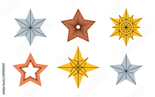 Christmas bethlehem star tree topper. Christmas metal topper for christmas tree. The star on the Christmas tree. golden, silver and copper star. Vector flat set.