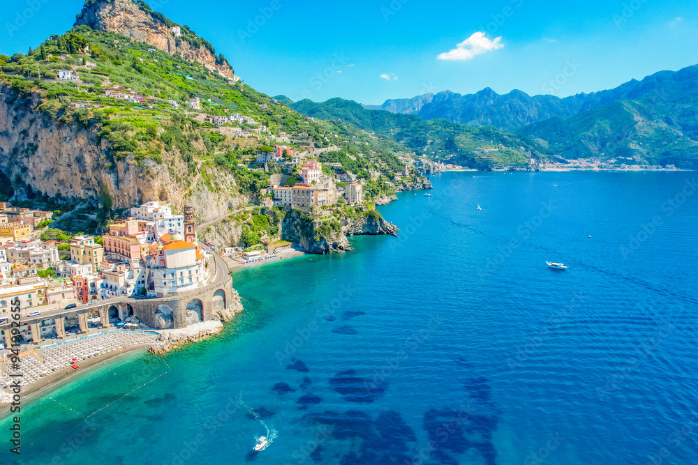 Naklejka premium Atrani on Amalfi Coast, Italy. Aerial photo of famous city Atrani located on Amalfi Coast in Italy