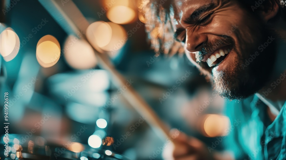 A dynamic shot of a drummer passionately playing drums, with vibrant bokeh lights in the background, capturing the essence of a lively musical performance in a colorful setting. A dynamic shot of a drummer passionately playing drums, with vibrant bokeh lights in the background, capturing the essence of a lively musical performance in a colorful setting.