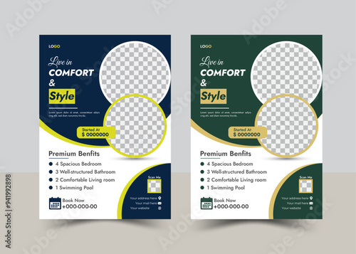 Flyer Design template, Real Estate Flyer Design bundle, property sale flyer design, flyer design for rent, Vector Design., flyer for real estate and property business with 2 color variation template