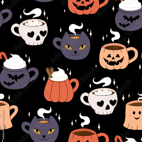Vector collection of cute Halloween mugs. Hot cocoa with marshmallow, coffee and tea cups with cute faces, ghost, pumpkin, witch black cat and skull. Flat cartoon seamless pattern.