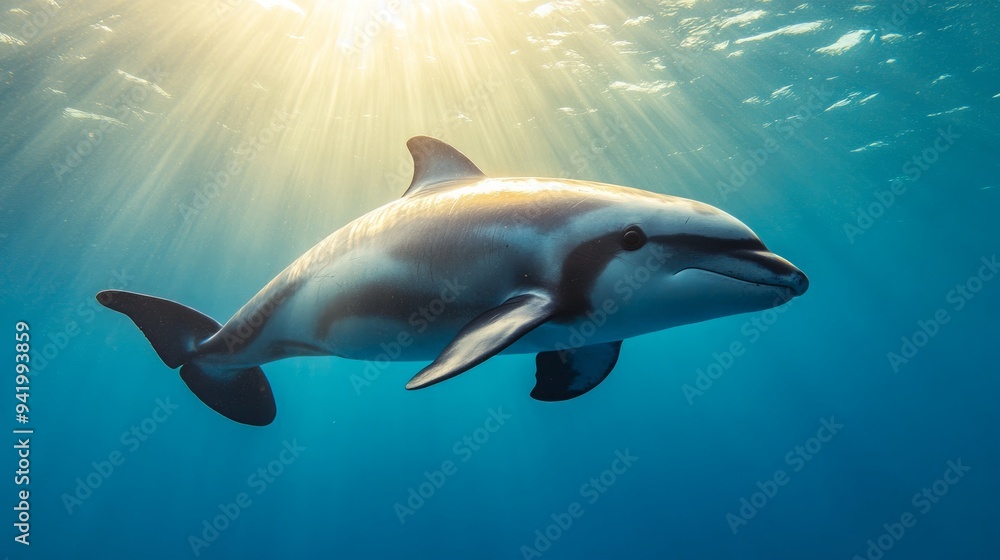 Obraz premium Rare Vaquita Porpoise in Natural Habitat, Critically Endangered Species, Searching for Prey, Sunlit Marine Environment, Conservation Efforts