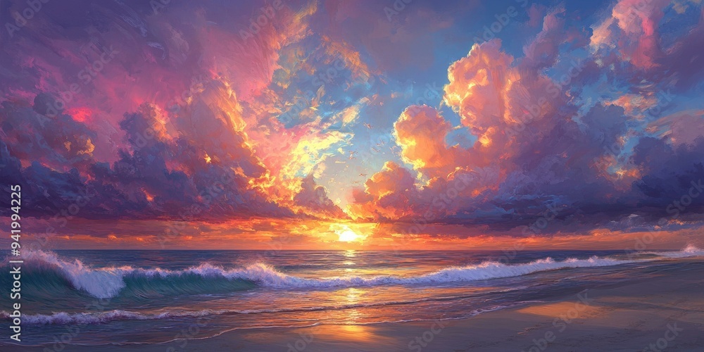 Fototapeta premium Golden sunset over ocean waves crashing on beach.