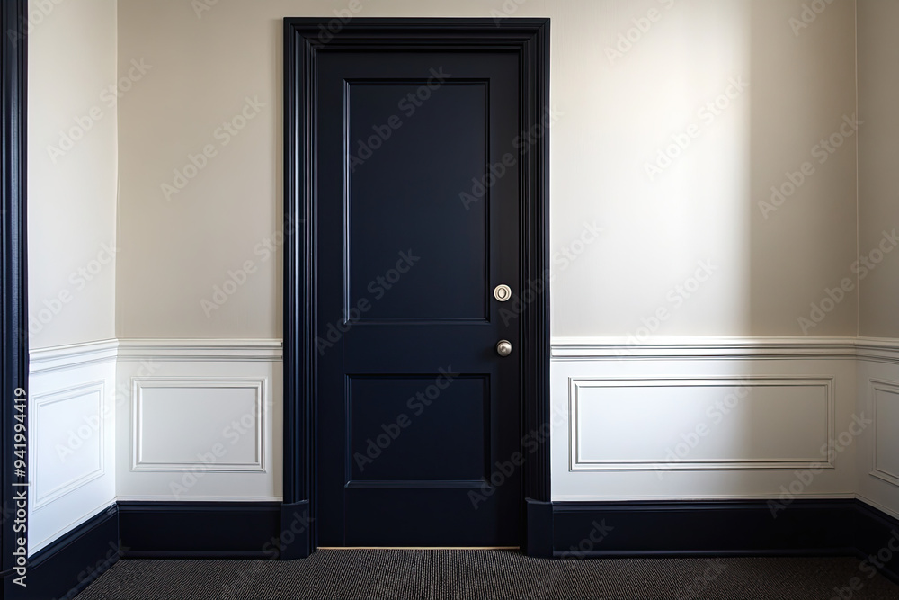 A dark navy blue door in an empty room with white walls and dark trim, a classic interior design style, captured in professional photography. A dark navy blue door in an empty room with white walls and dark trim, a classic interior design style, captured in professional photography.
