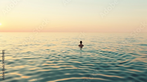 Wallpaper Mural Serene Sunset Aquatic Minimalism Mid-Submerged Reflection of Individual Amidst Smooth Waves and Light Sparkle Torontodigital.ca