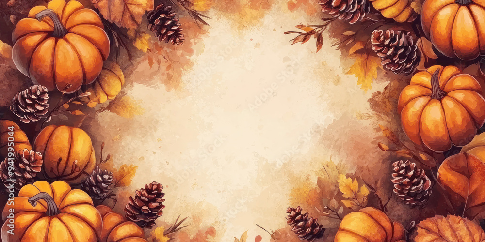 Fototapeta premium An autumn frame with pumpkins, pinecones, and colorful fall leaves on a soft textured background, creating a cozy and rustic seasonal atmosphere perfect for fall, harvest, and Thanksgiving themes.