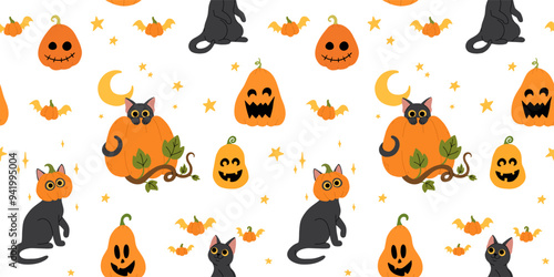 Cute black cat hiding behind a Halloween pumpkin and leaves, black cat with pumpkin on head, cat standing playing with flying pumpkins. Flat cartoon vector seamless pattern for halloween.