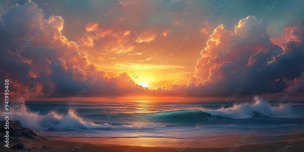 Ocean sunset with dramatic clouds and waves. Ocean sunset with dramatic clouds and waves.