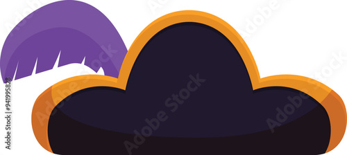 Black pirate hat with golden border and purple feather celebrating carnival party