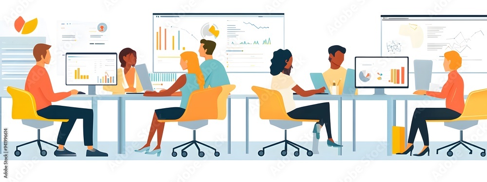 A group of people working together in front of a screen, with vector illustrations and a flat design style, against a white background A group of people working together in front of a screen, with vector illustrations and a flat design style, against a white background