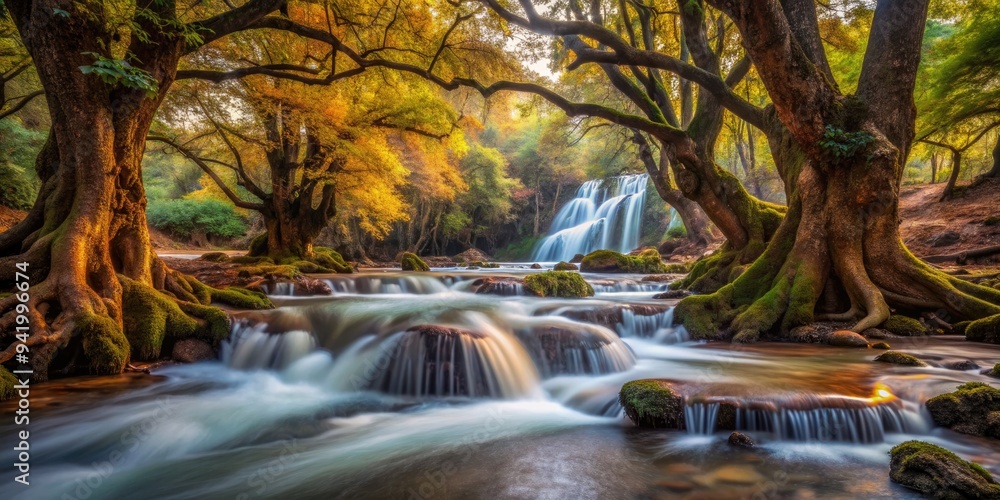 Obraz premium Water's Embrace in Ancient Woods: Ancient trees, cascading streams, mystical ambiance, deep browns, flowing water textures