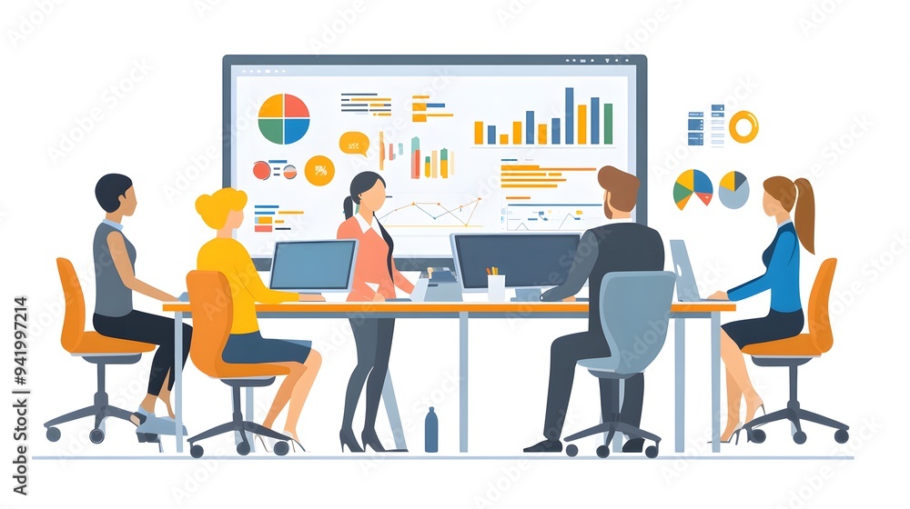 A group of people working together in front of a screen, with vector illustrations and a flat design style, against a white background A group of people working together in front of a screen, with vector illustrations and a flat design style, against a white background