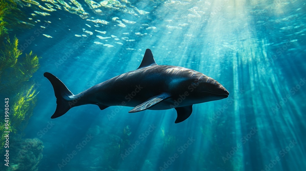 Fototapeta premium Critically Endangered Species, Vaquita Navigating Rocky Underwater Terrain, Food Search, Suitable for Conservation Documentaries