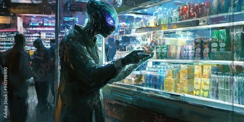 An alien shopping in a store.