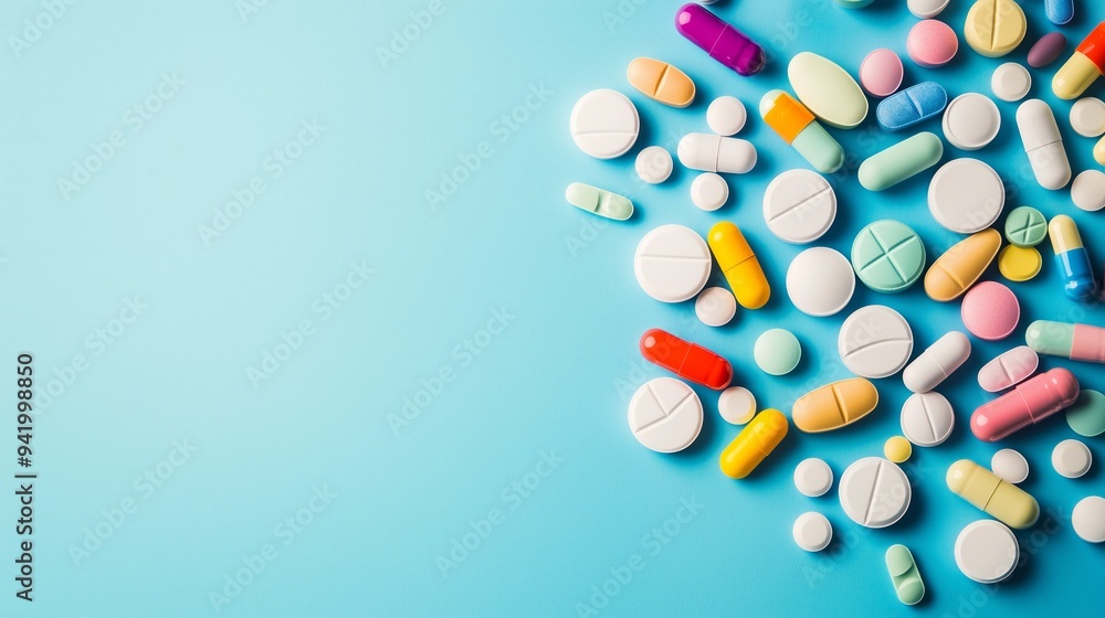 Colorful pills and a health-related background concept with copy space on a blue color background Colorful pills and a health-related background concept with copy space on a blue color background