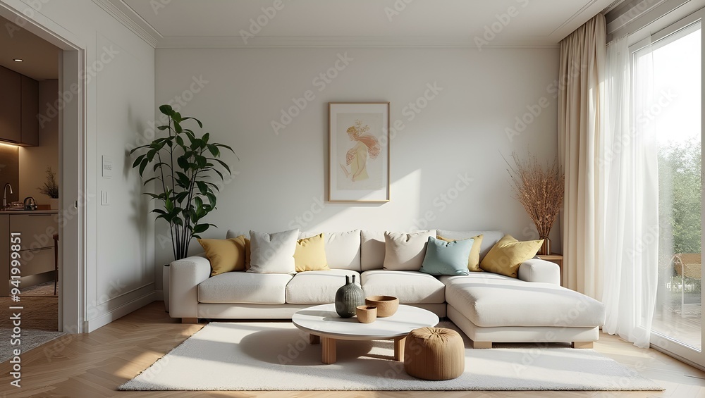 Fototapeta premium Parisian apartment. Scandinavian interior design of modern living room, home french decor luxury comfortable indoors house lounge architecture and white wall nordic decoration with pillows wood table.