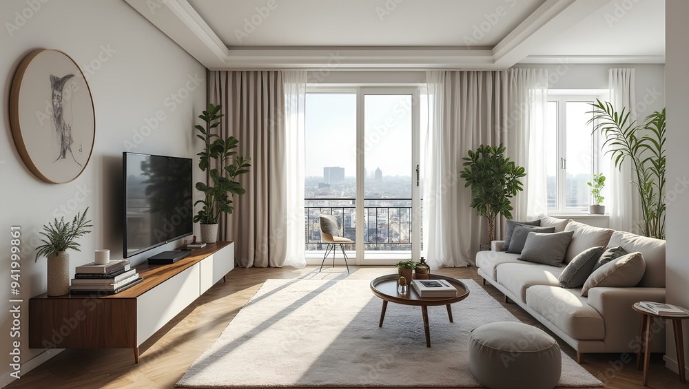 Fototapeta premium Parisian apartment. Scandinavian interior design of modern living room, home french decor comfortable luxury indoors house lounge architecture and white wall nordic decoration with pillows wood table
