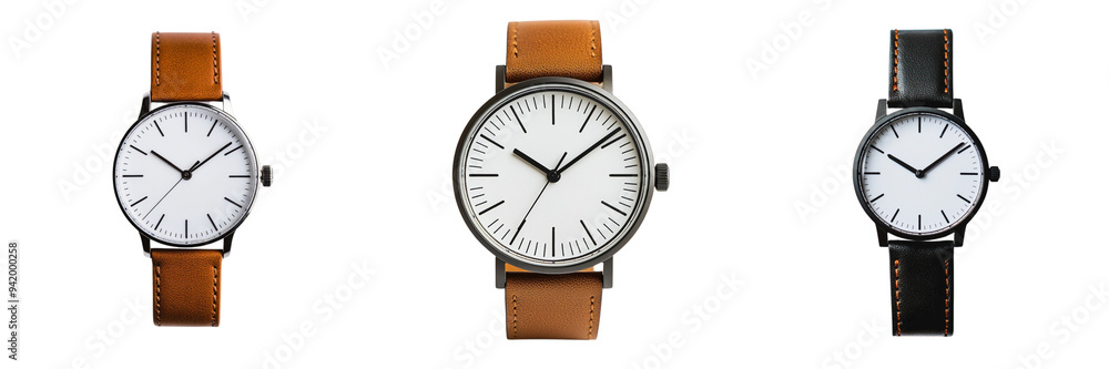 Set of A stylish wristwatch with a leather strap isolated on transparent background Set of A stylish wristwatch with a leather strap isolated on transparent background