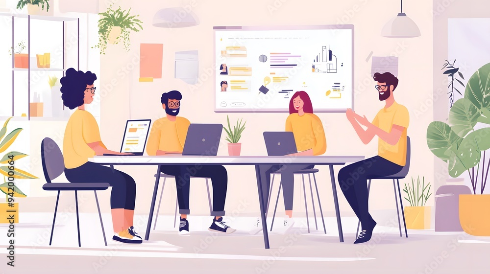A group of people working together in front of a screen, with vector illustrations and a flat design style, against a white background A group of people working together in front of a screen, with vector illustrations and a flat design style, against a white background